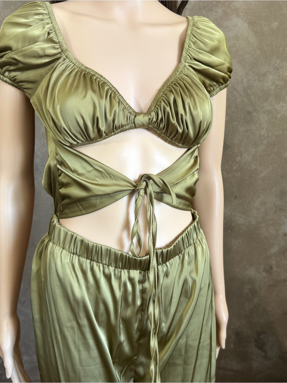 12th Tribe Olive Green Satin Cutout Jumpsuit
